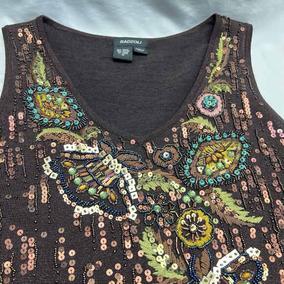 Radzoli Sweater Vest Women's Size Medium Brown Beaded Sequinned Artsy V Neck - Picture 2 of 7